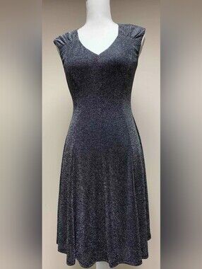 Metallic Black V-Neck Cap-Sleeve A-Line Dress